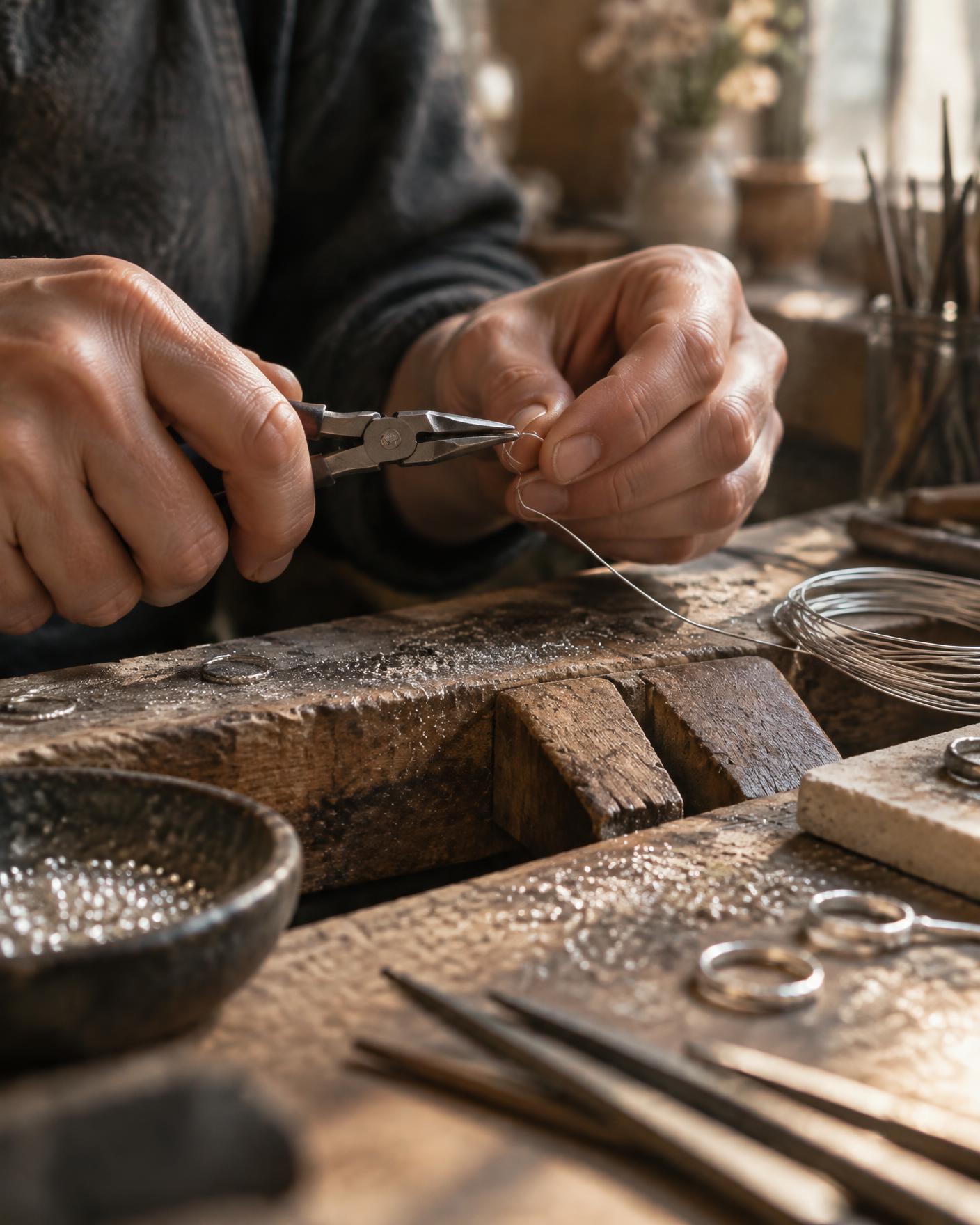 Hands drawing fine silver wire at a workbench